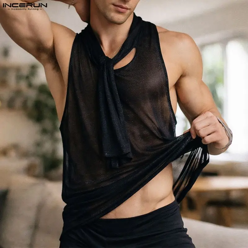 INCERUN Men's Tank Tops Solid Color Mesh See Through Sleeveless Lace Up Male Vests Summer Streetwear Sexy Party Men Clothes 2026