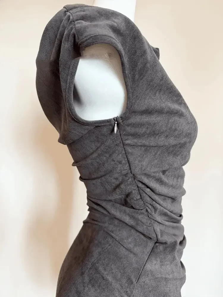 Grafietgrijze jurk, donkergrijs, andere artistieke retro-stijl bodycon sexy jurk met één kraag en prinsessenmouwen