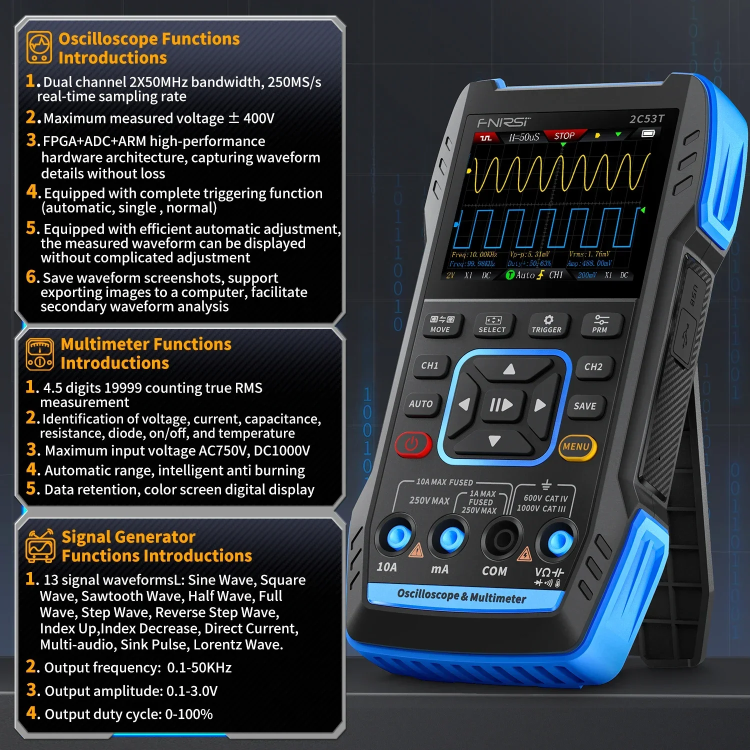 FNIRSI 2C53T Digital Oscilloscope Multimeter Signal Generator 3 IN 1 Dual Channel 50MHz 250MS Sampling Rate 20000 Count True RMS