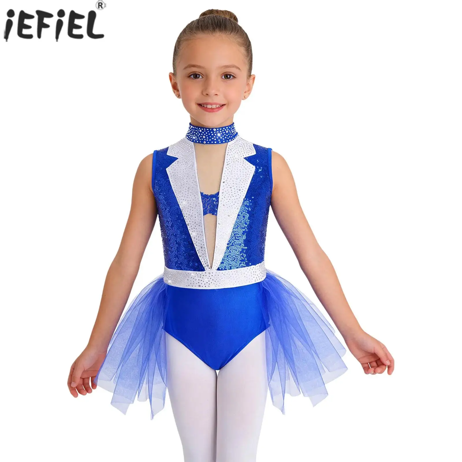 

Kids Girls Latin Jazz Dance Bodysuit Sequins Rhinestone Sleeveless Mesh Tulle Skirted Leotard Figure Skating Gymnastics Costume