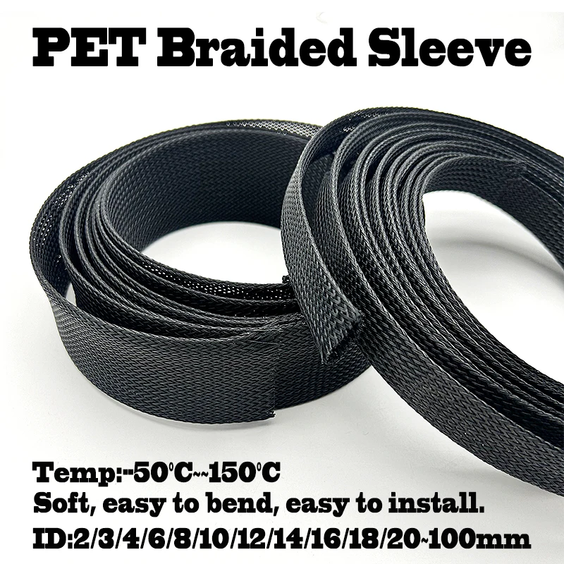 High Density ID 2mm~100mm Black PET Braided Sleeving Flexible Anti Scuff Cable Protector Corrosion Resistant Expandable Sleeve