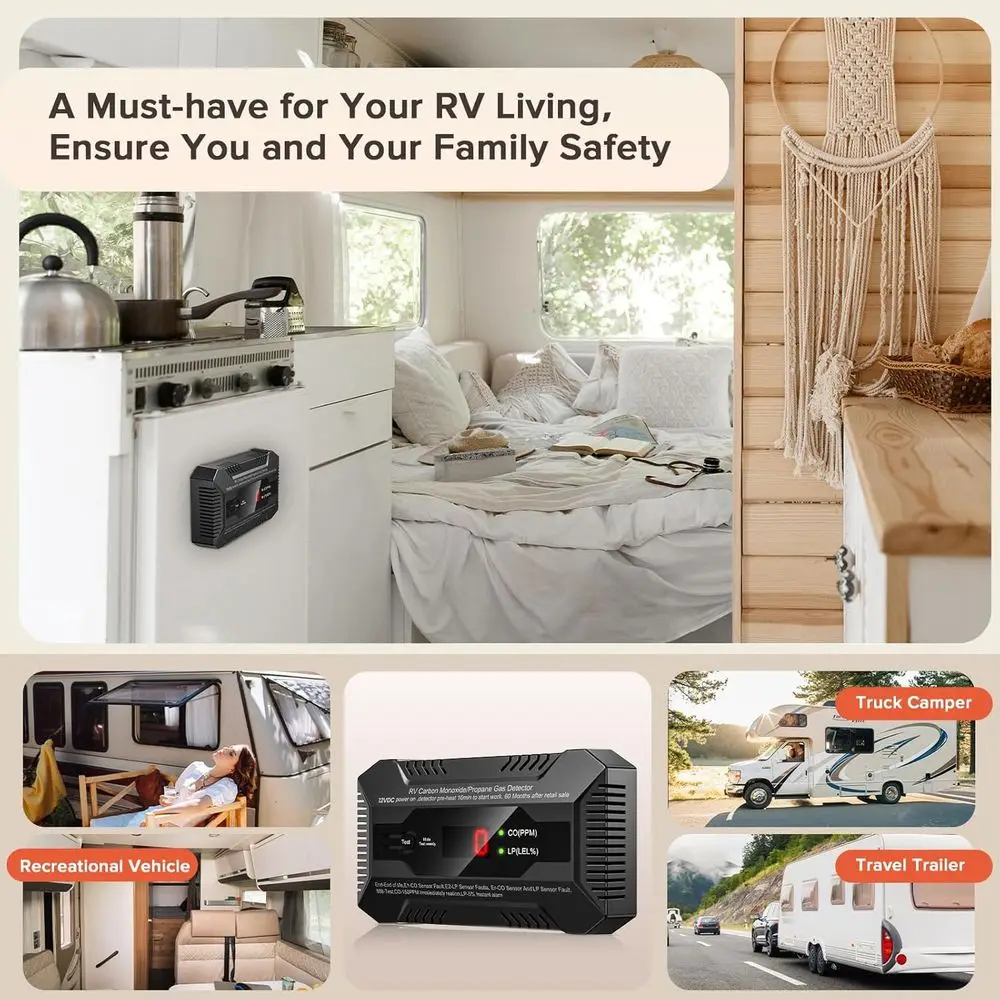 Black RV CO & Propane Detector with LED Indicators for Enhanced Camping Safety