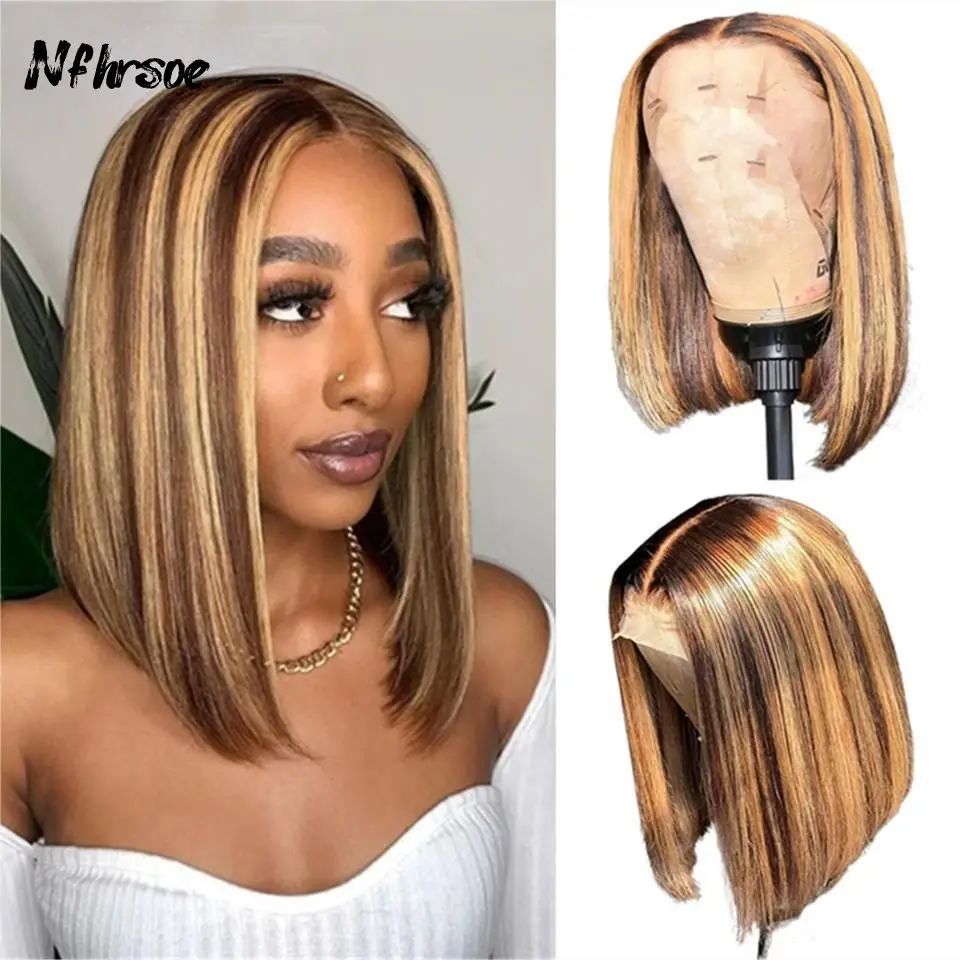 

Короткий прямой парик боб светло-коричневого цвета для женщин, прозрачный, с HD-кружевом 13x4, из бразильских натуральных волос