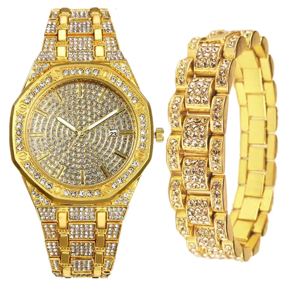 Full Iced Out Bracelet Watches for Men Bling Watch Business Quartz Wristwatch Hip Hop Gold Diamond Male Jewelry Set Reloj Hombre
