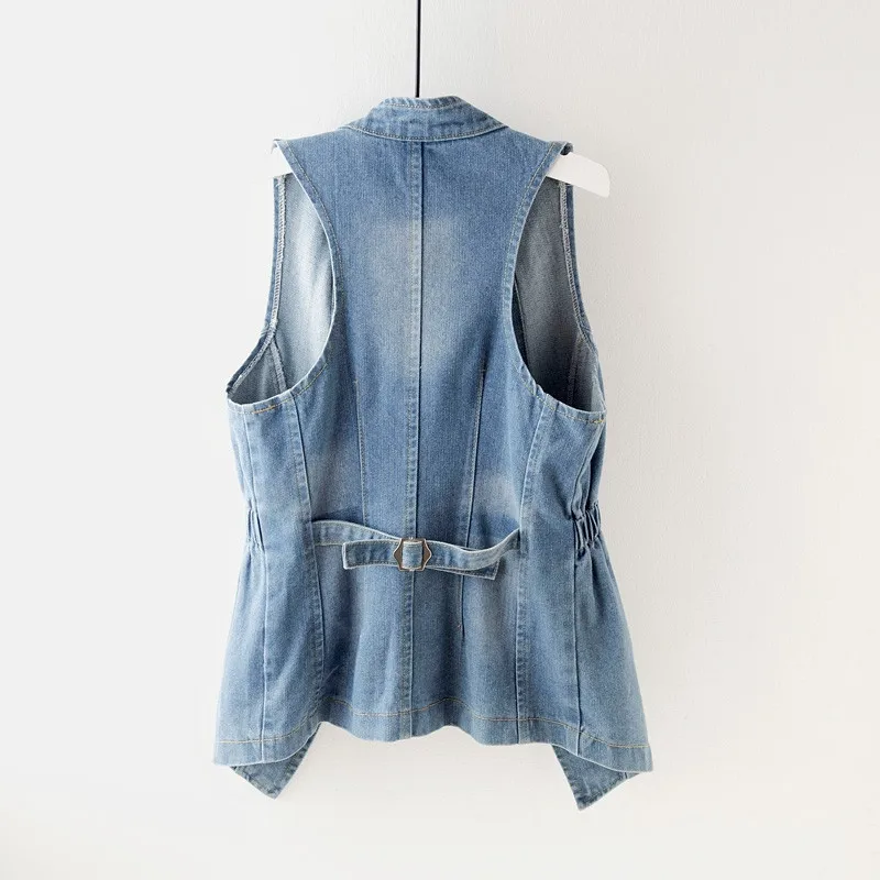 

Casual Denim vest Women spring Autumn New Slim Sleeveless Jacket Coat Female Back waist buckle Waistcoat Outwear Tops tide XQ19