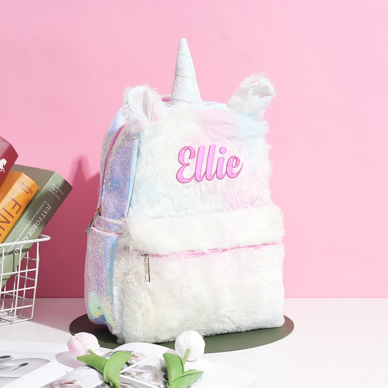 Mochila de unicornio de felpa con nombre personalizado para niña, bolsa de viaje para escuela, suministros de fiesta de unicornio