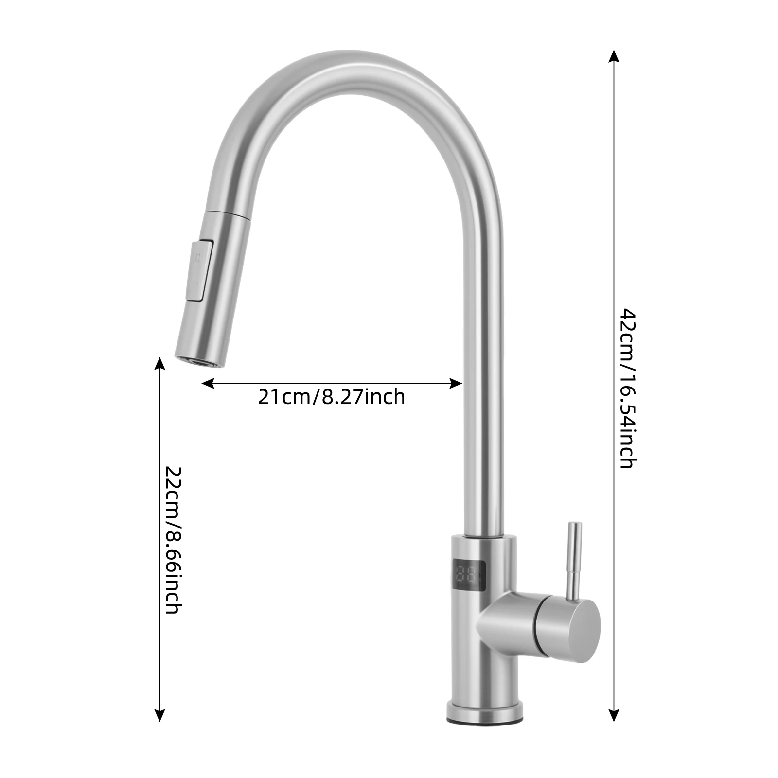 Uittrekbare keukenkraan met sproeier, 304 roestvrij staal, met display en touch bediening voor moderne keuken.