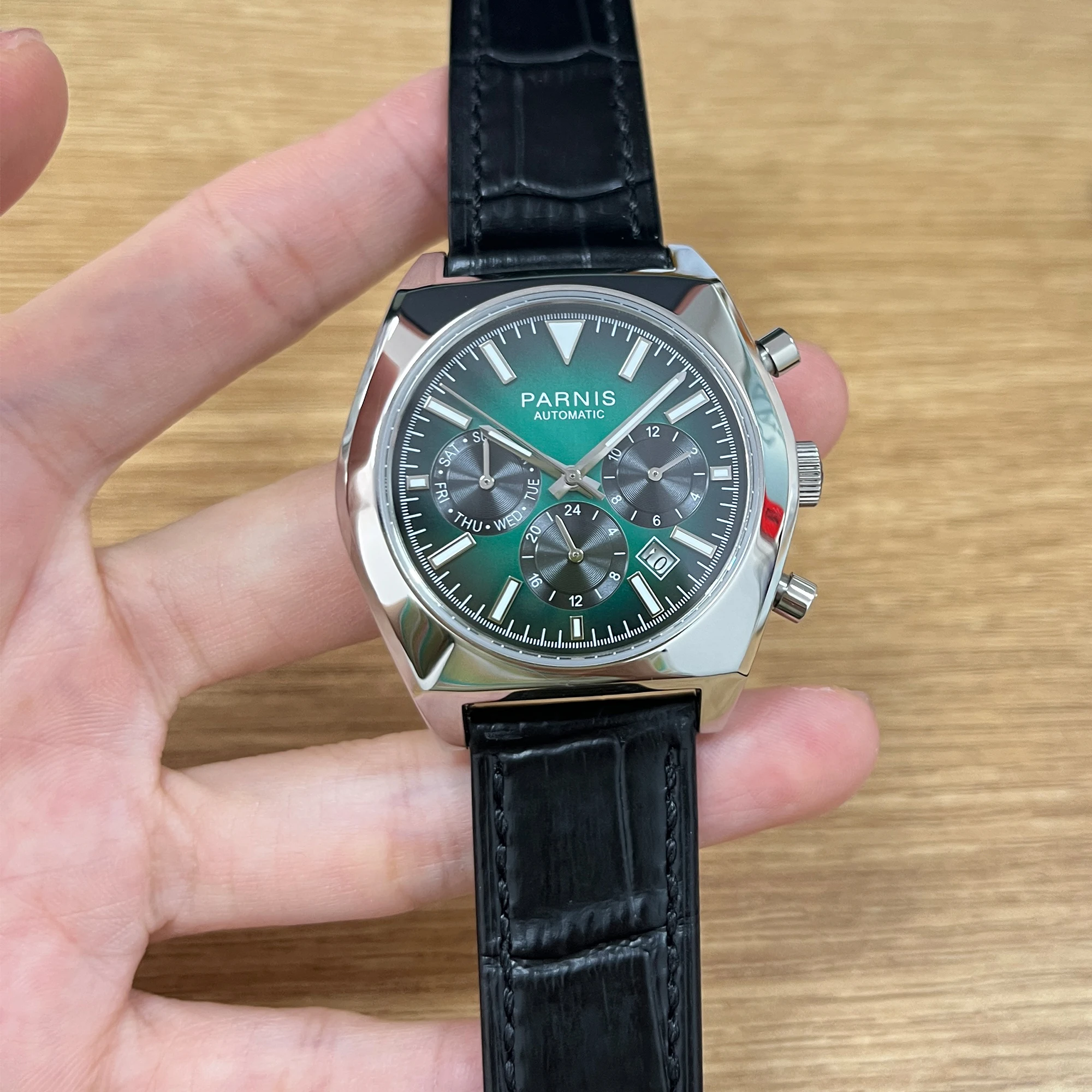 

Новые механические мужские часы Parnis с зеленым циферблатом 40 мм, автоматические часы с календарем и кожаным ремешком для мужчин, reloj hombre 2025, подарочные часы