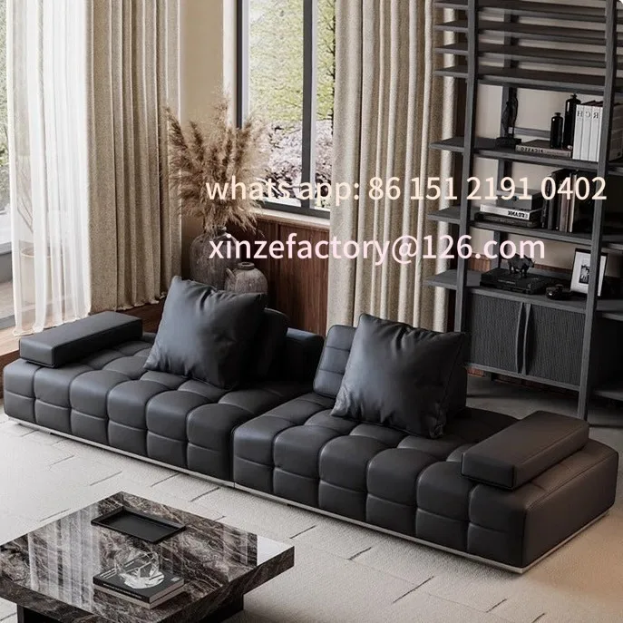

Customizable sofa straight row leather Italian large flat floor large apartment sofa black semi-green leather sofa