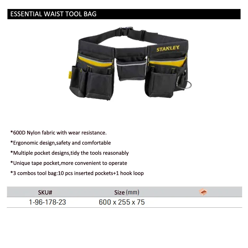 Stanley 1-96-178 small tool waist bag with belt Multi-Pockets 3 combo waist bags for tools apron hammer loop tape pocket toolbag