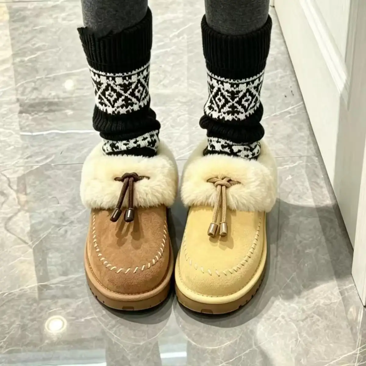 New Fashion Vintage Knot Slippers for Women Genuine Leather Soft Plush Fur Lined Warm Cozy Winter Indoor Outdoor House Shoes