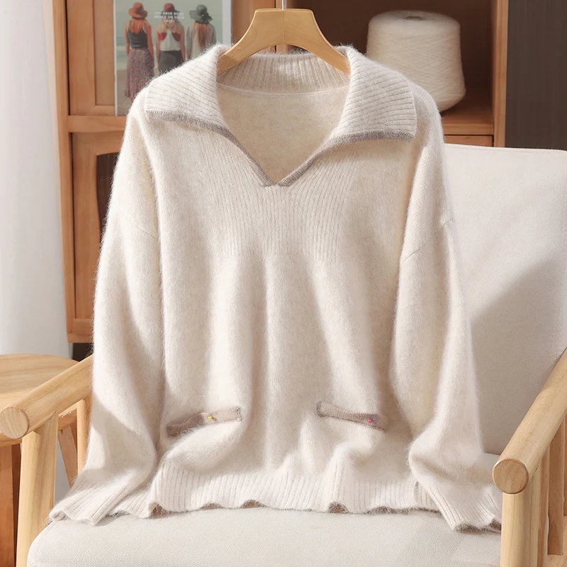 

Шикарный вязаный свитер из 100% норки и кашемира, женский мягкий пуловер с отложным воротником, женские теплые новые повседневные топы Grace, осень-зима