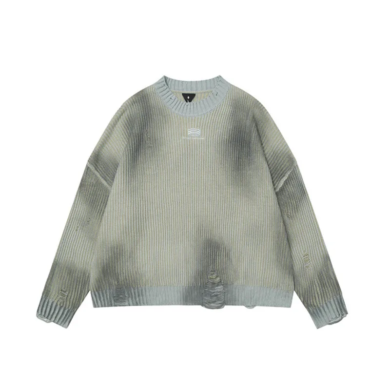 [BOMP]Autumn Winter Sweater Men, Loose Fitting, Handmade Spray Painted Embroidery, Vintage Hole Fashion