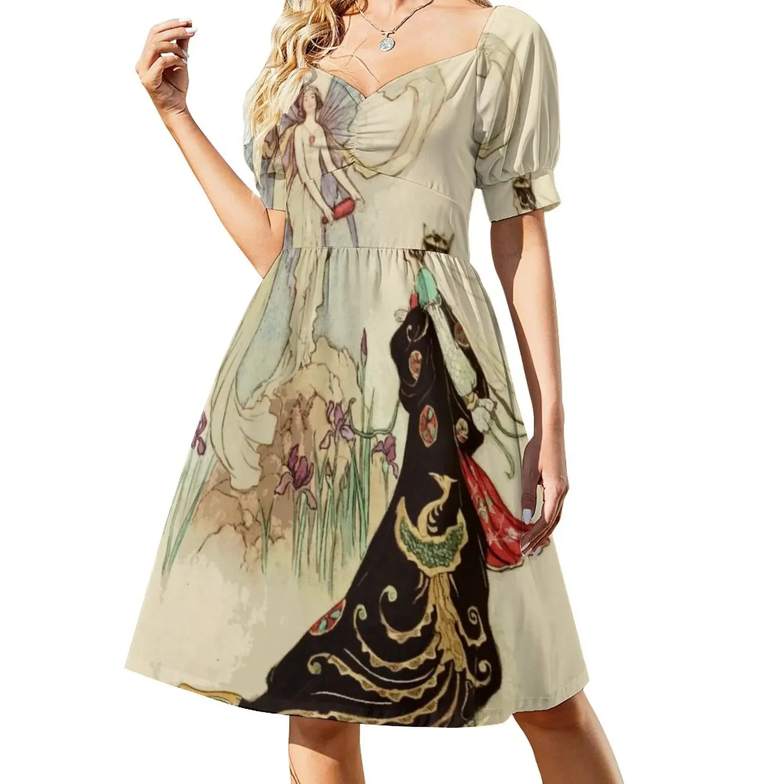 

Fairy Princess Vintage Fairytale Illustration Warwick Goble Short-Sleeved Dress Long veiled dresses Prom gown