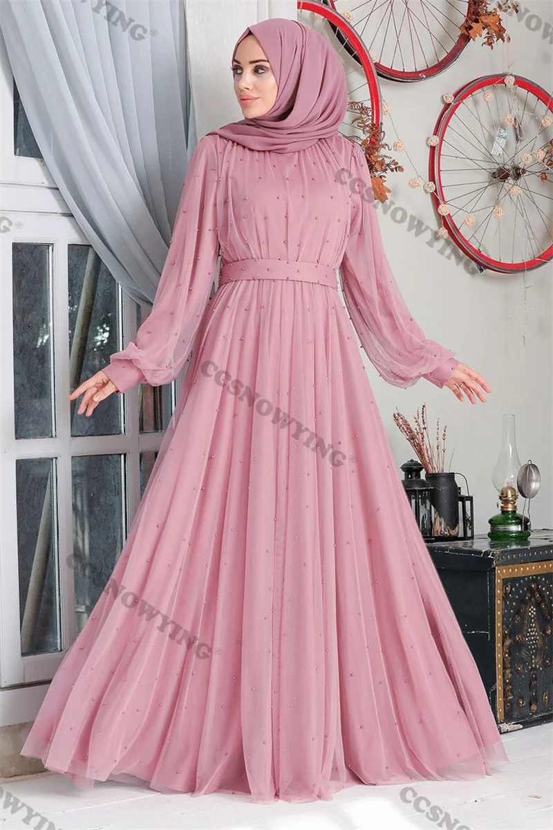 

Full Sleeve Muslim Evening Dresses Islamic Chiffon Beaded High Neck Hijab Women Formal Party Gown Saudi Arabia Robe De Soiree