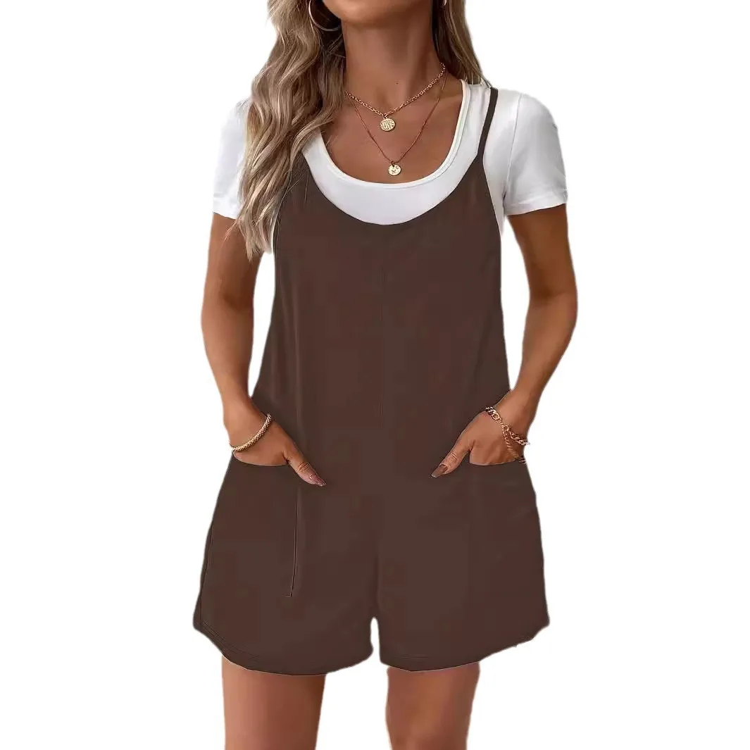

new solid color pocket suspender shorts loose casual jumpsuit women's overalls