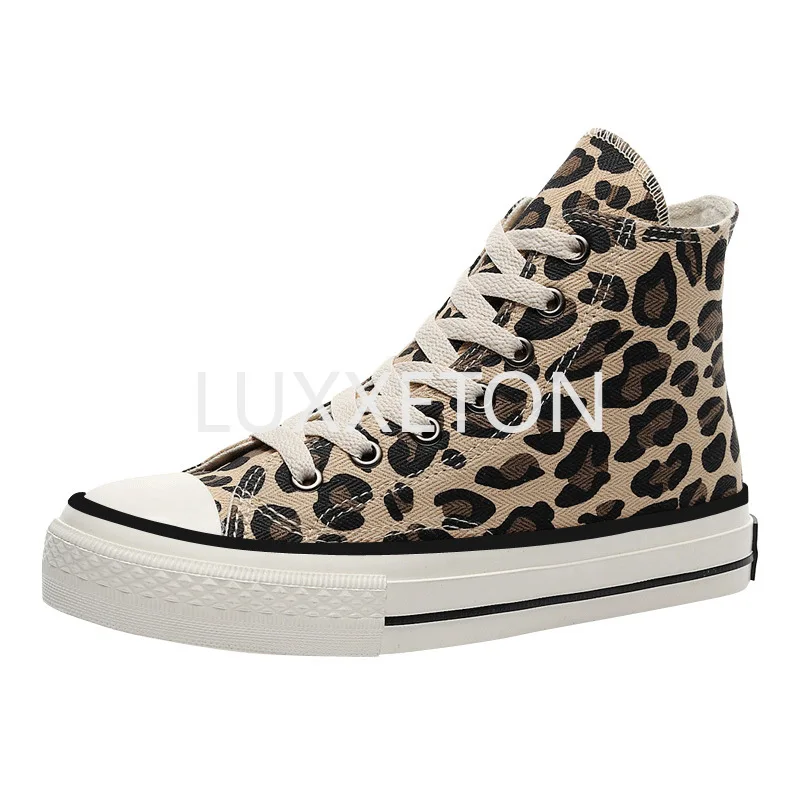 Women Canvas Vulcanized Shoes Spring and Autumn Fashion Leopard Print Lace Up Casual Women High Top Nonslip Sports Shoes