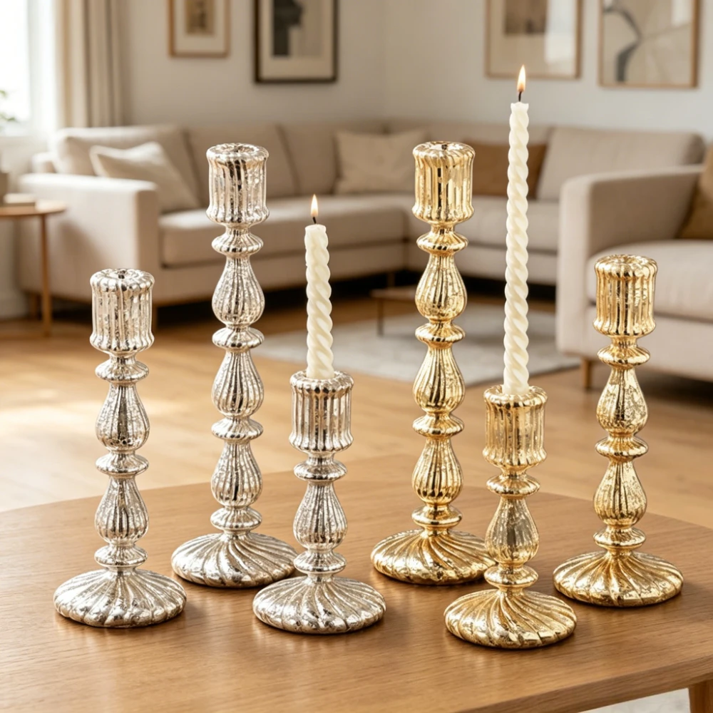 Simple Mercury Glass Candle Holder French Retro Stripe Silver Plated Candlestick Romantic Home Wedding Table Centerpiece Decor