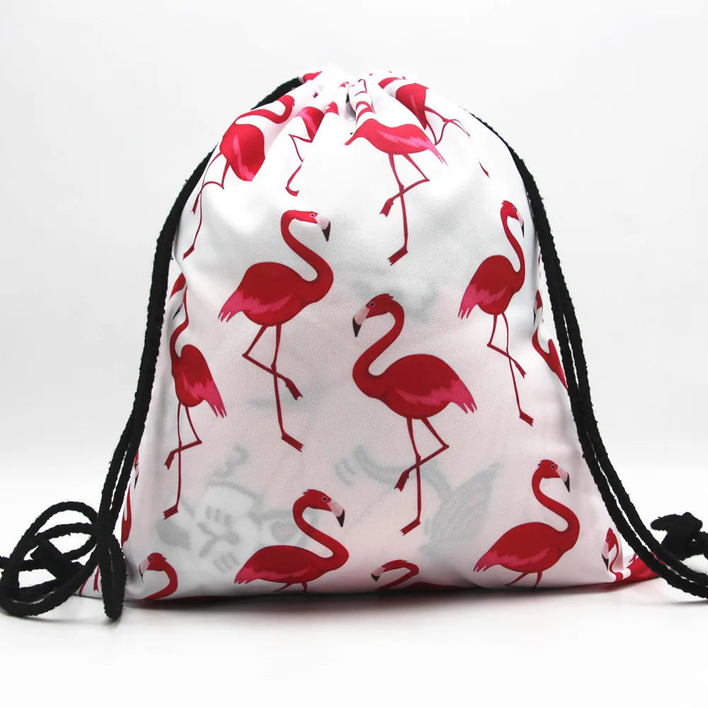 Fashion High Capacity Big Quantity Cartoon Flamingo Print Oxford Drawstring Bag Women Shopping Organizer Backpack Cosmetics Bag