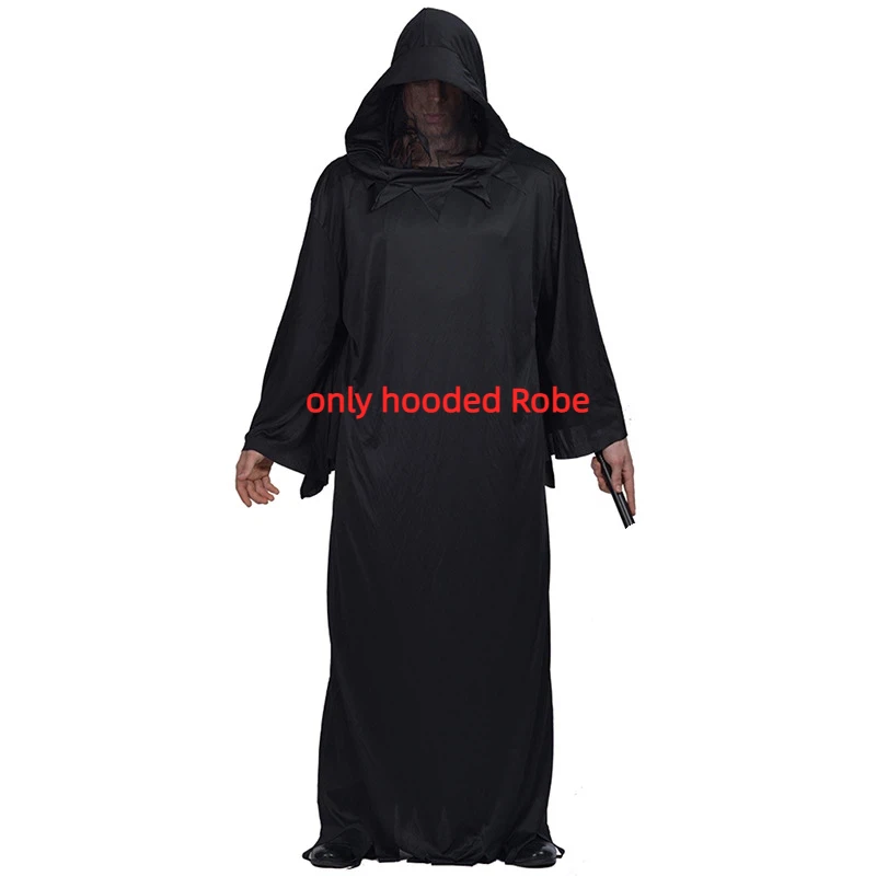 Scary Halloween Costume Men Black Hooded Long Robe Ghost Costume Adults Carnival Party Fancy Dress Dark Themed Cosplay Outfit