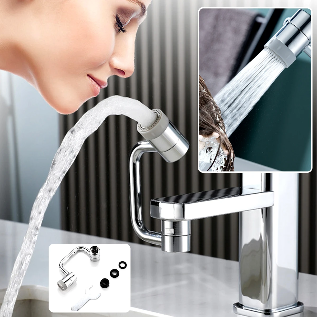 1080 °   Schwenkbarer Wasserhahn-Verlängerung aus Edelstahl, universell, spritzwassergeschützt, Dual-Sprühmodus, Badezimmer-Waschbecken-Zubehör mit Adapter, 2-fluss