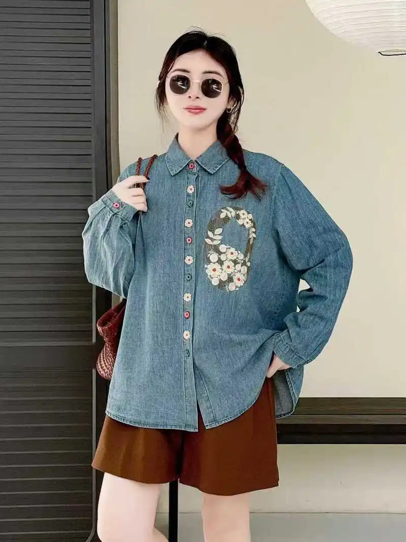 

Японские винтажные джинсовые рубашки с цветочной вышивкой для девочек Mori, женские весенне-осенние повседневные свободные блузки с отложным воротником и длинными рукавами