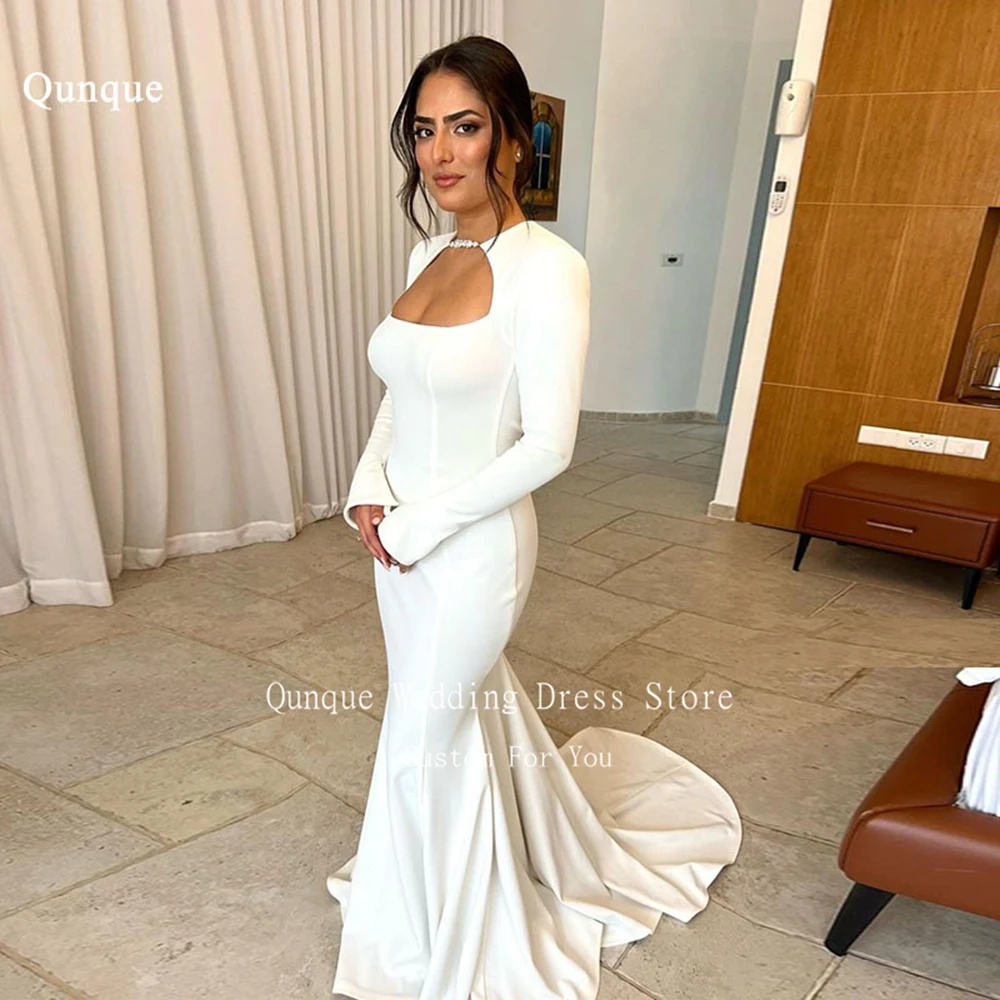 

Qunque Mermaid Satin Wedding Dress Cut-out O Neck Vestido De Novia فساتين سهرة Backless Long Sleeves Trumpet Sexy Robe De Mariée