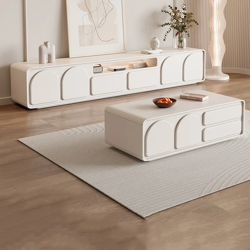 Mueble de TV Blanco Crema con Chimenea, Gabinetes para Monitor, Muebles Modernos de Salón, Soporte de TV de Lujo, Soporte de Piso para TV, Decoración del Hogar