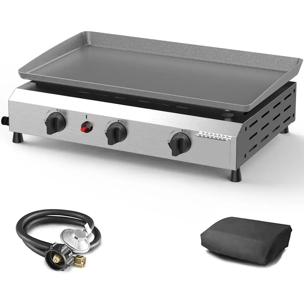 

Portable 25.6 Stainless Steel 3-Burner BBQ Griddle with Detachable Gas Grill for Outdoor Cooking