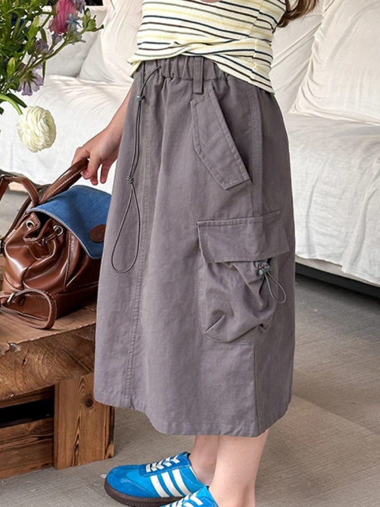 Girl Mid-length Skirt Children Clothing Kids Casual Cargo Skirt Fashion Personality Slit Solid Color Pocket Half Frock Summer