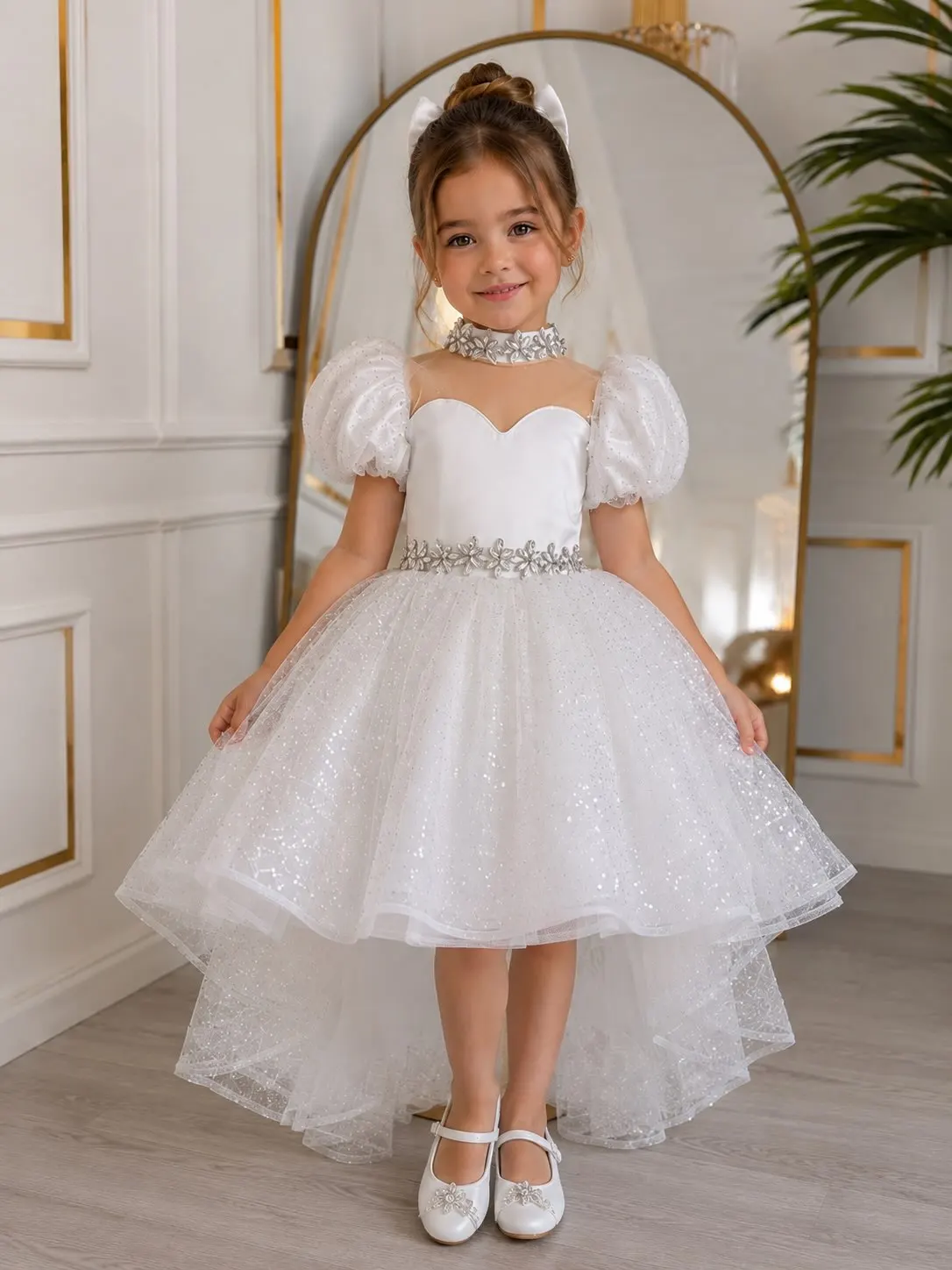 Princess Flower Girl Dresses for Wedding Short Sleeves with Bow Knee Lenght Kids Birthday Party First Communion Gown Custom