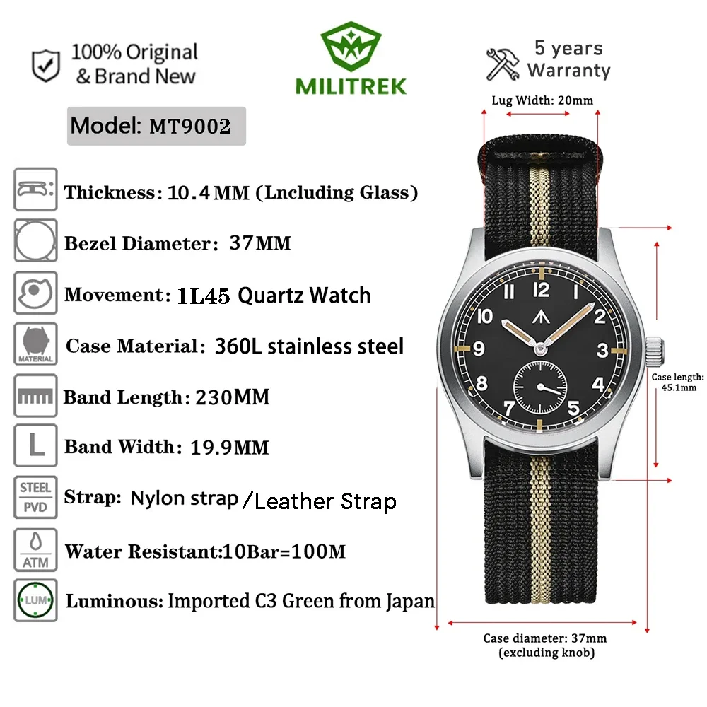 MILITREK 2025 New Men Quartz Watch Miyota 1L45 37mm Military Sapphire Glass Luminous Waterproof Stainless Steel Reloj Hombre