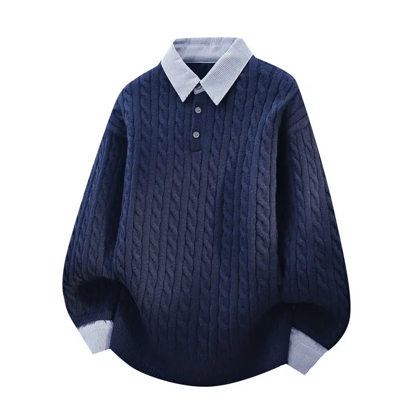 

Men's Faux Two-Layer Shirt Collar Sweater, Wool Blend Base Layer, Autumn Winter Trendy