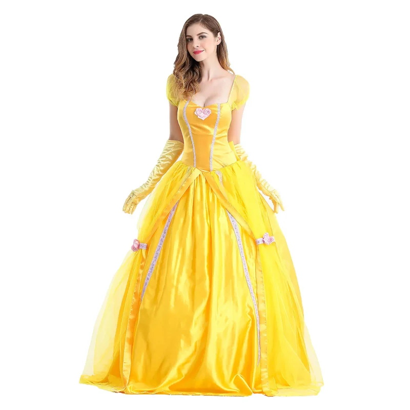 Halloween Beauty And The Beast Yellow Princess Dress Adult Belle Costumes Cosplay Party  Masquerade Bell Court Queen Roles Suit