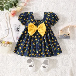 0-3-year-old girl dress summer baby girl big bow full flower print square neck bubble sleeve princess dress