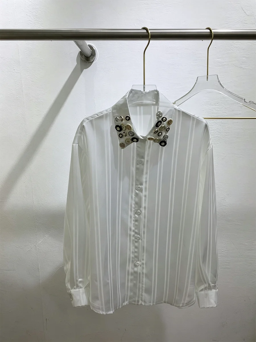 GALCAUR Button Spliced Sheer Loose Blouse for Women Turn Down Collar Long Sleeve Patchwork Stripe Casual Blouses Female Fashion