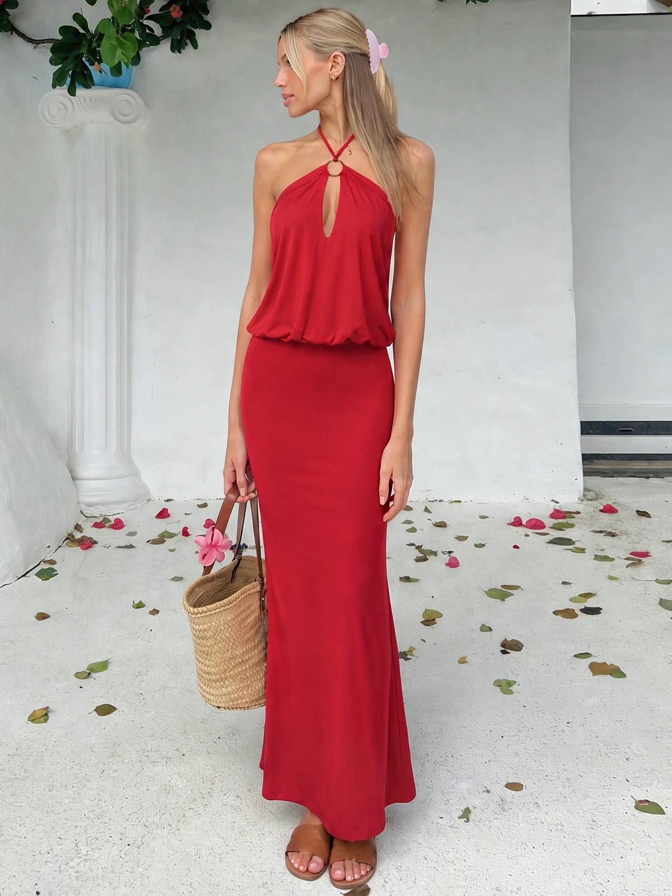 Hugcitar Women'S Fashion Halter V Neck Solid Backless Lace Up Sexy Bodycon Maxi Dress Female Clothes Party Beach Festival