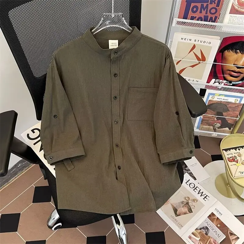 

Spring Large Size 300 Pou Japanese Sle Retro Stand Collar ort Sve Men's irt High Sensation Ele Trendy Menswea...