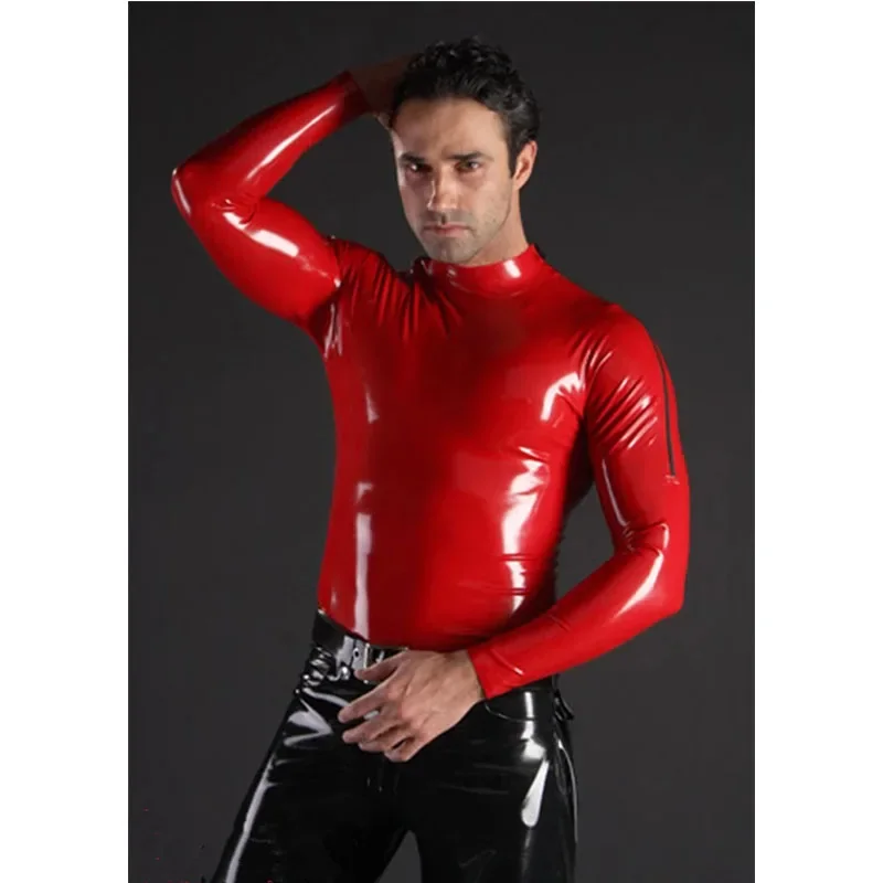 

Handmade Men's Red Latex Top Rubber Tight T-Shirt Double Shoulder Zip Gummi 0.4mm