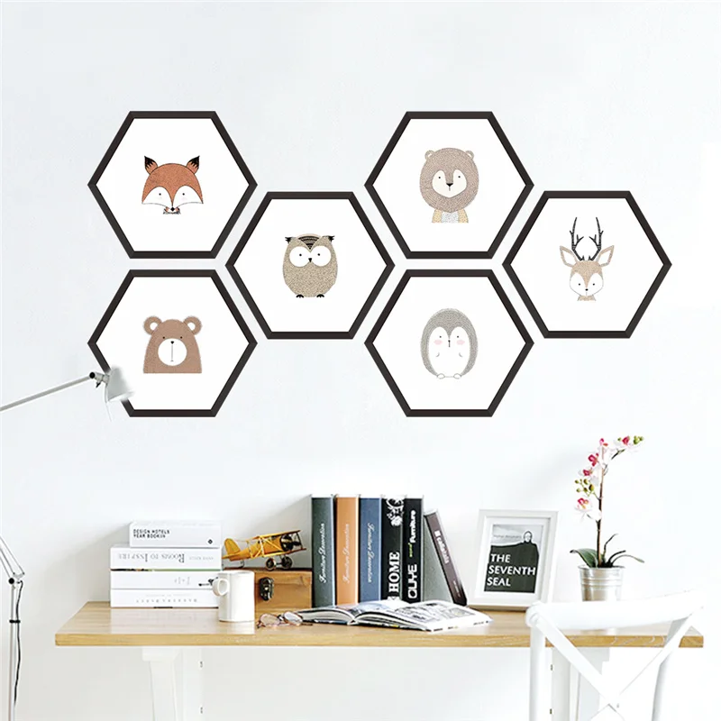 Hexagon Animals Portrait Wall Art Stickers For Office Living Room Bedroom Home Decoration 3d Cartoon Safari Wall Mural Decals