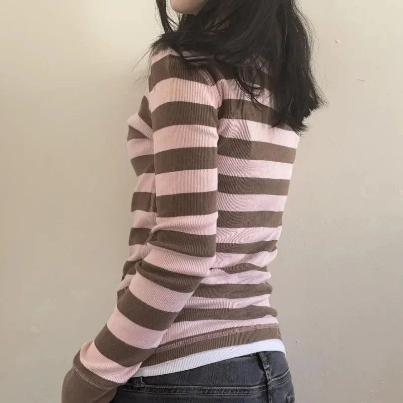 Winter T-shirt Stripe Fake 2Piece Slim Y2k Vintage Punk Sweet Harajuku Korea Woman Clothes Long Sleeves Elegant Tees Fashion Emo view 3