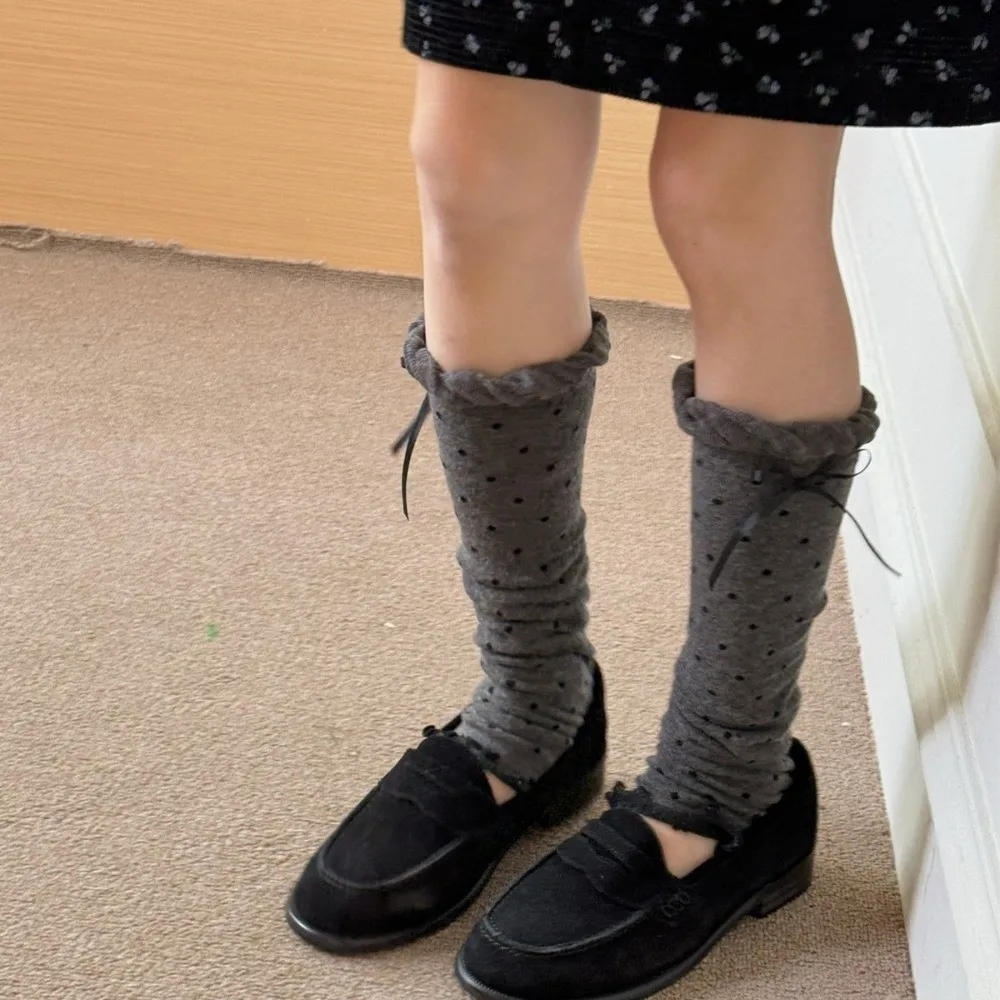 Knit Polka Dot Leg Warmers Slimming Design Y2K Style Slouchy Leg Covers Ruffled Trim Stretchable Fabric Kawaii Calf Socks
