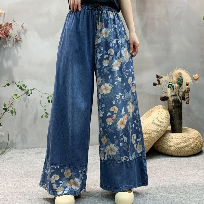 

High Waist Vintage Soft Jeans 2025 New Casual Elastic Waistline Women Pants Loose Quality Floral Patchwork Design Jeans Women