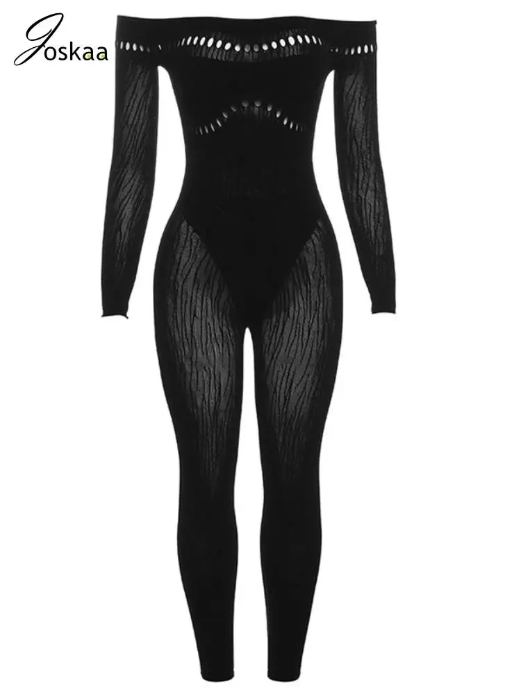 Joskaa Sexy Hollow See Through Black Jumpsuit Women Stunning Off Shoulder Long Sleeve Skinny One Piece Overalls 2024 Clubwear