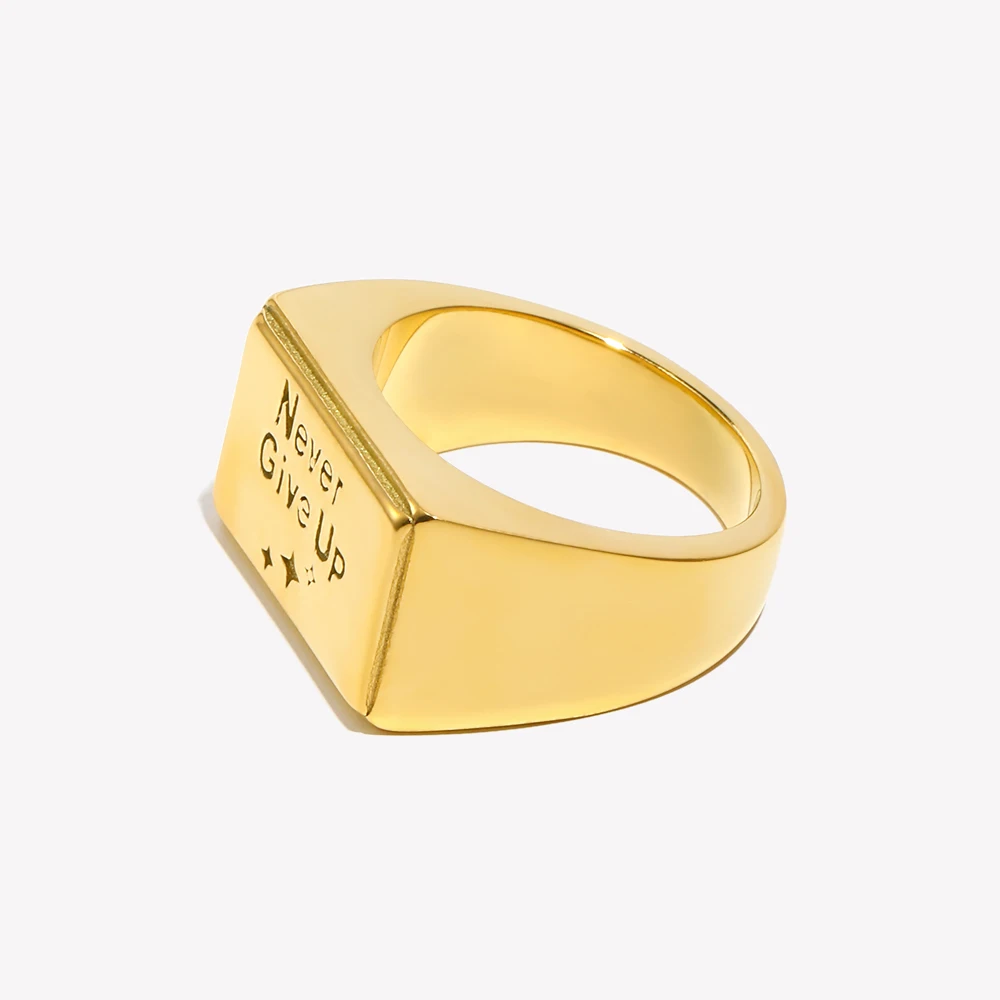 E.B.belle Never Give UP Gold Color Ring Stainless Steel 18K Gold Ring Square Ring Waterproof For Women Girls Hypoallergenic