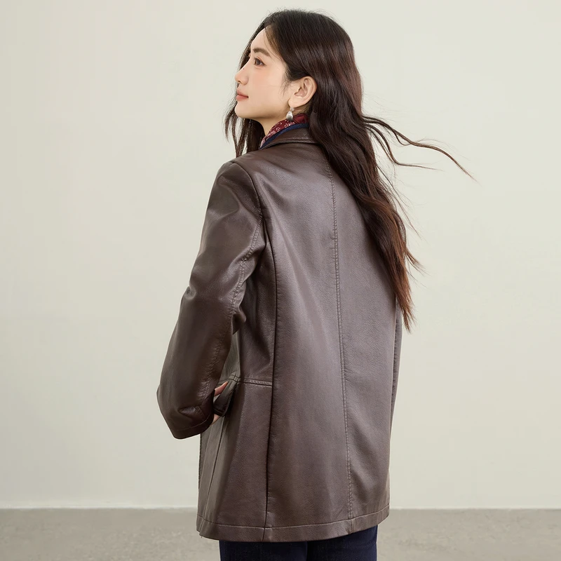 SENTUBILA Damen-Jacke aus Kaffee-Pu-Leder, moderner Biker-Stil, Mantel mit Kerbkragen, langärmelig, lässig, winddicht, W53GE2747