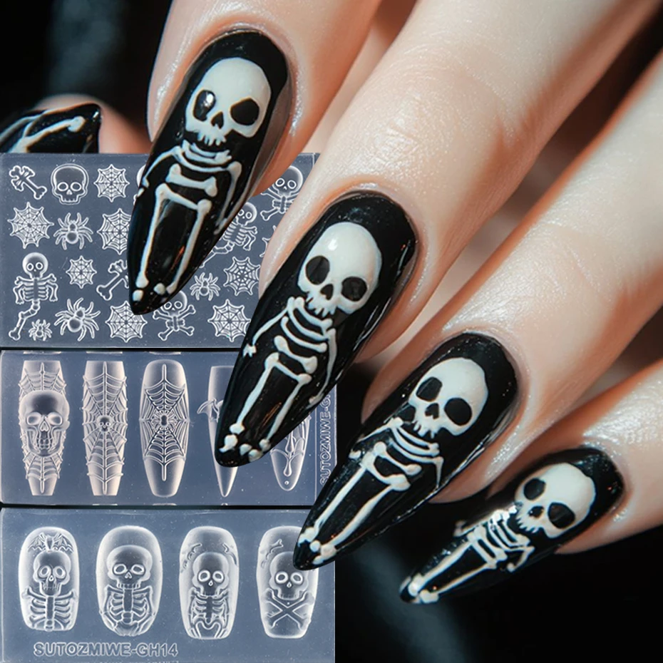 1 pcs Gothic Skull Nail Silicone Molds Horror Skeleton Spider & Spiderweb Cross Templates for Nails DIY Halloween Nail Tools