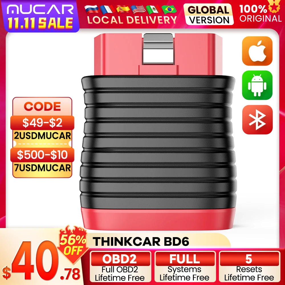 THINKCAR BD6 OBD2 Scanner Bluetooth Car Diagnostic Tool Full System Automotive Car Scanner Code Reader 5 RESETS Free Scan Tool