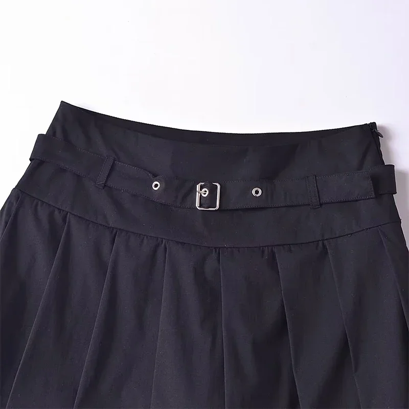 Women Fashion With Belt Black Pleated Side Zipper Mini Skirts Shorts Vintage High Waist Female Chic Lady Shorts