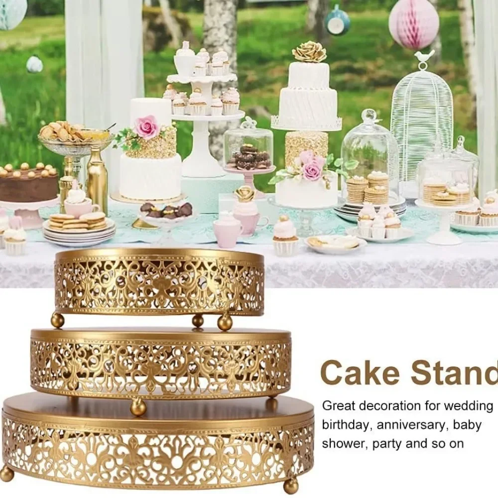 3PCS Metal Gold Cake Round Stands for Dessert Cupcake Table Set Wedding Brithday Party Celebration Dessert Candy Display Plates